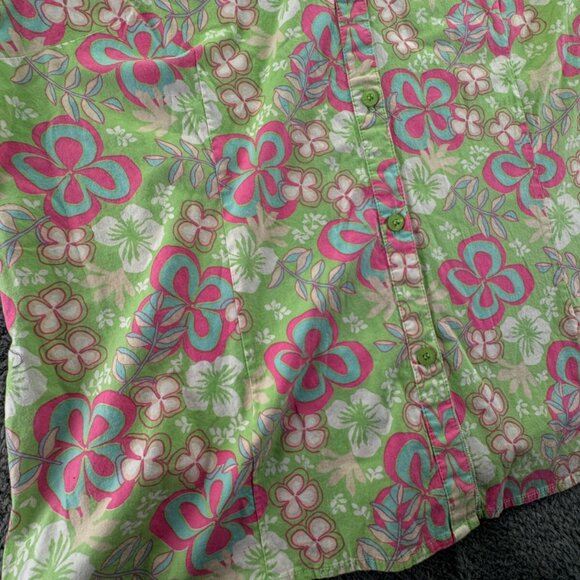 Duck Head Medium Women Button Up Floral Shirt Green Pink 1/2 Sleeve Stretch - Picture 10 of 14